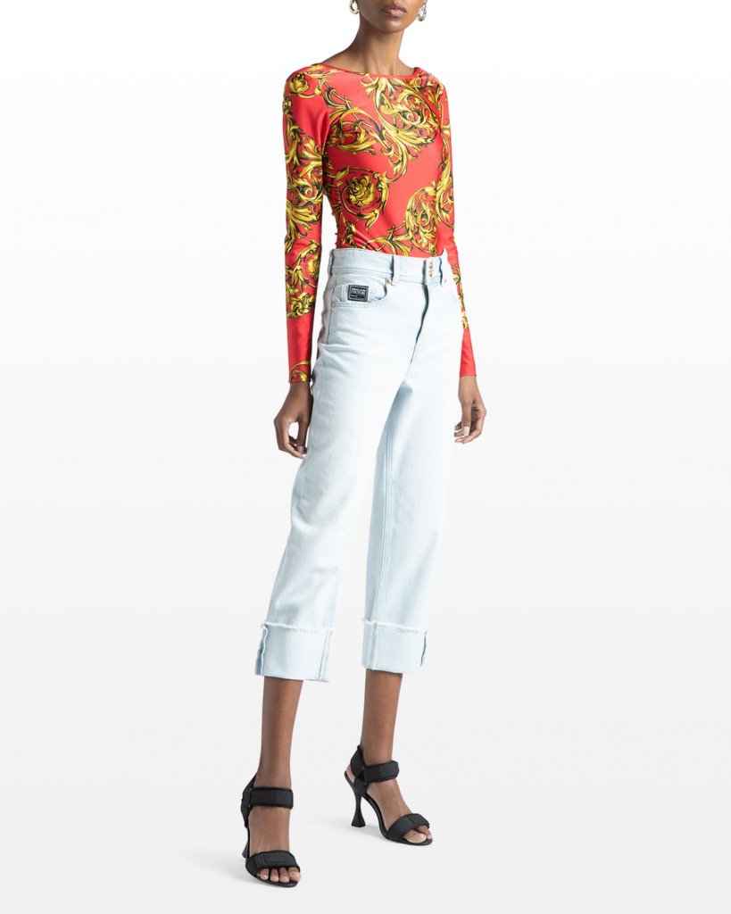 straight leg cuffed jeans with embroidery